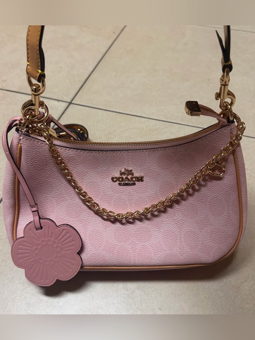 Coach Powder Pink Teri Shoulder Bag with Gold Chain and Floral Charm